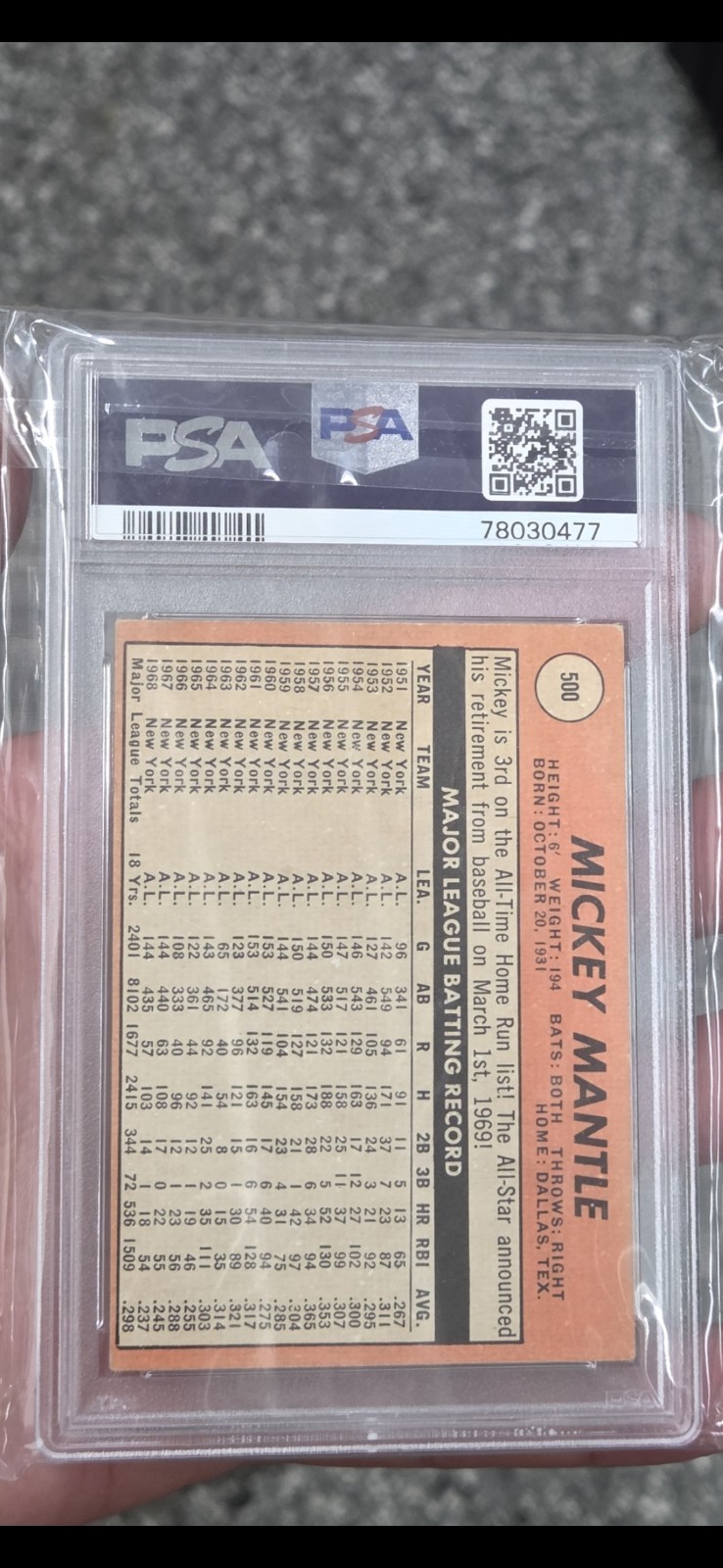1969 Topps - Mickey Mantle #500 Last Name in Yellow PSA 3 view 2