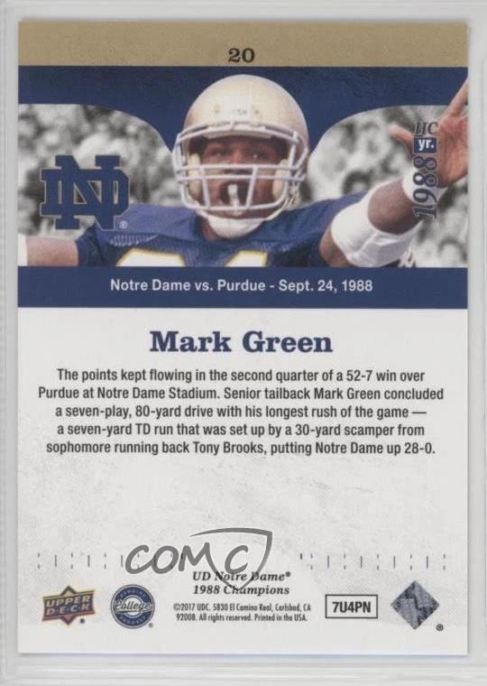 2017 Upper Deck Notre Dame 1988 Championship Blue Pattern Rainbow Mark Green #20 - Image 2 of 2