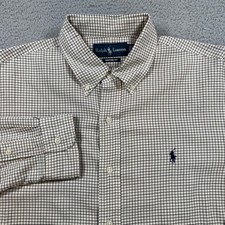 Ralph Lauren Mens L Custom Fit Tattersall Check Button Down Shirt Tan Navy Blue