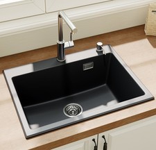 HOROW Black Granite Kitchen Sink Large Single Bowl Sink & Waste, 60cm*45cm*20cm