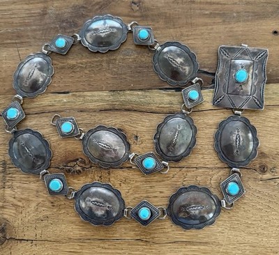 VTG Navajo Old Pawn Concho Belt 925 Silver Natural Turquoise C. 1940's