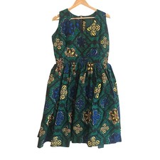 African Anningtex Veritable Wax Blue Green Flared Sleeveless Lined Dress New