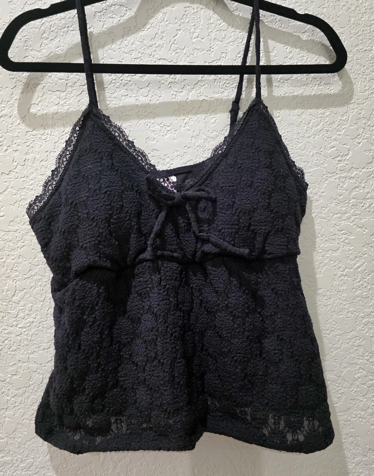  Y2K Babydoll Black Crochet Lace Cami Top Large No Boundaries Whimsigoth Grunge  - Image 2 of 4