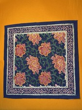 Vintage Boho Floral Block Print Bandana - Blue Pink Peony Cotton 19.5 X 19.5in