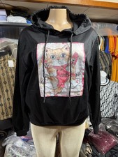 Women's Black Cat Love Graphic Pullover Hoodie with Rhinestone Accents