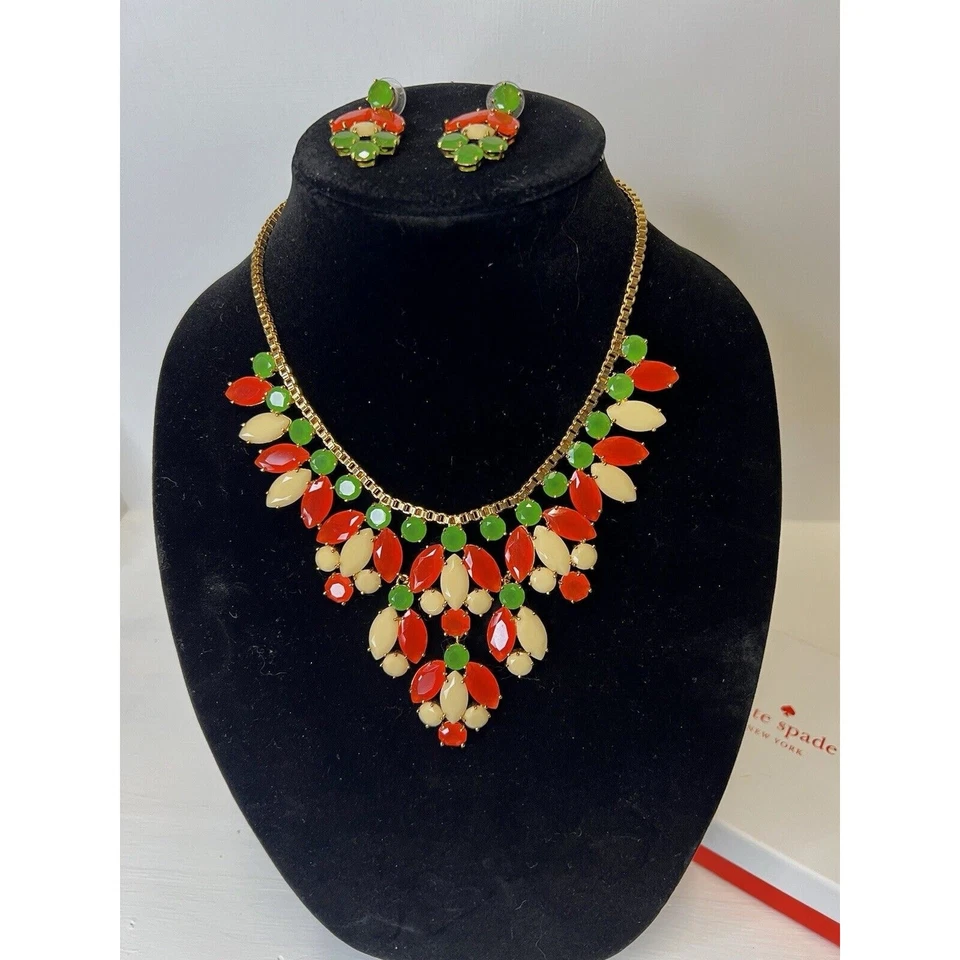 Conjunto de Pendientes Collar Babero Kate Spade Naranja Verde Declaración Hoco Dance y2k Foto 2 de 3