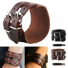 Punk Wide Genuine Leather Belt Wristband Bangle Cuff Bracelet Adjustable Unisex