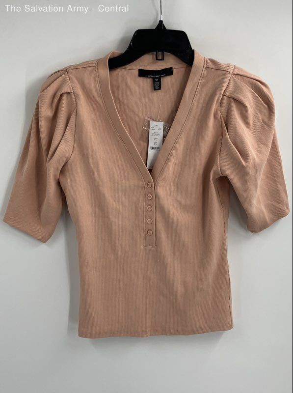 White House Black Market Womens Pink Puff Sleeve Henley Neck Blouse Top Size XS
