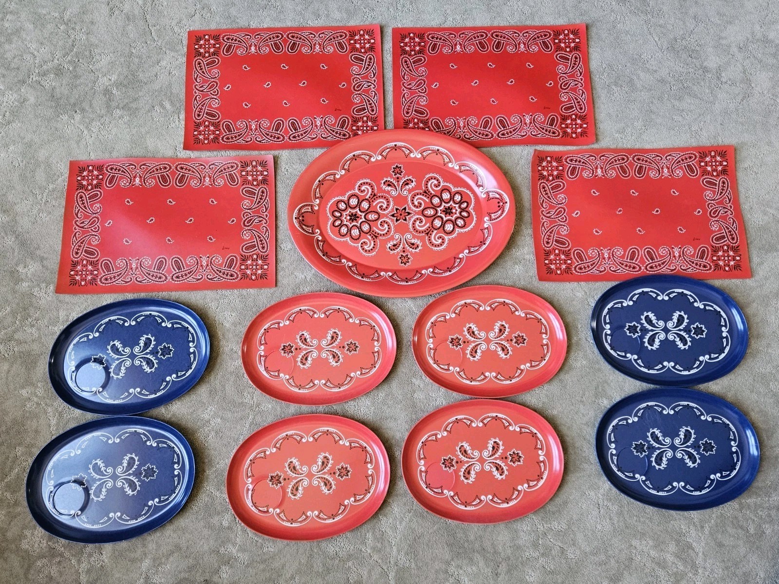 RARE! Lot Of 13 Kenro Melamine Red & Blue BBQ Western Bandana Paisley Dinnerware