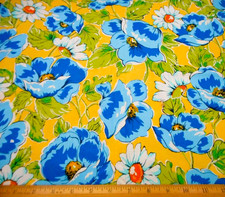 Kaufman Fabric 1 Yard Blue White Floral Green Leaves on Yellow Premium Cotton PC