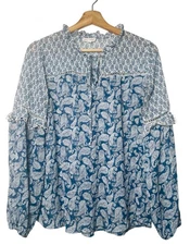Blu Pepper Paisley Blouse Sz M Long Semi-Sheer Balloon Ruffles Office Boho Chic