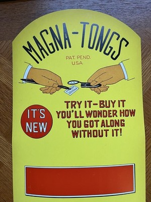 Vtg 50 s Magna-Tongs Advertising Sign Cardboard Litho Magnifying Glass NOS