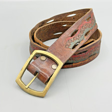VTG Mens Leather Belt Brown Tooled Brass Buckle Rosettes Cutout Western Cowboy