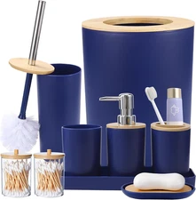 Blue Bathroom Accessories, 9-Piece Navy Blue Bathroom Accessories with Trash Can