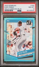2023 PANINI DONRUSS HOLO CAROLINA BLUE #105 EURY PEREZ PSA 8