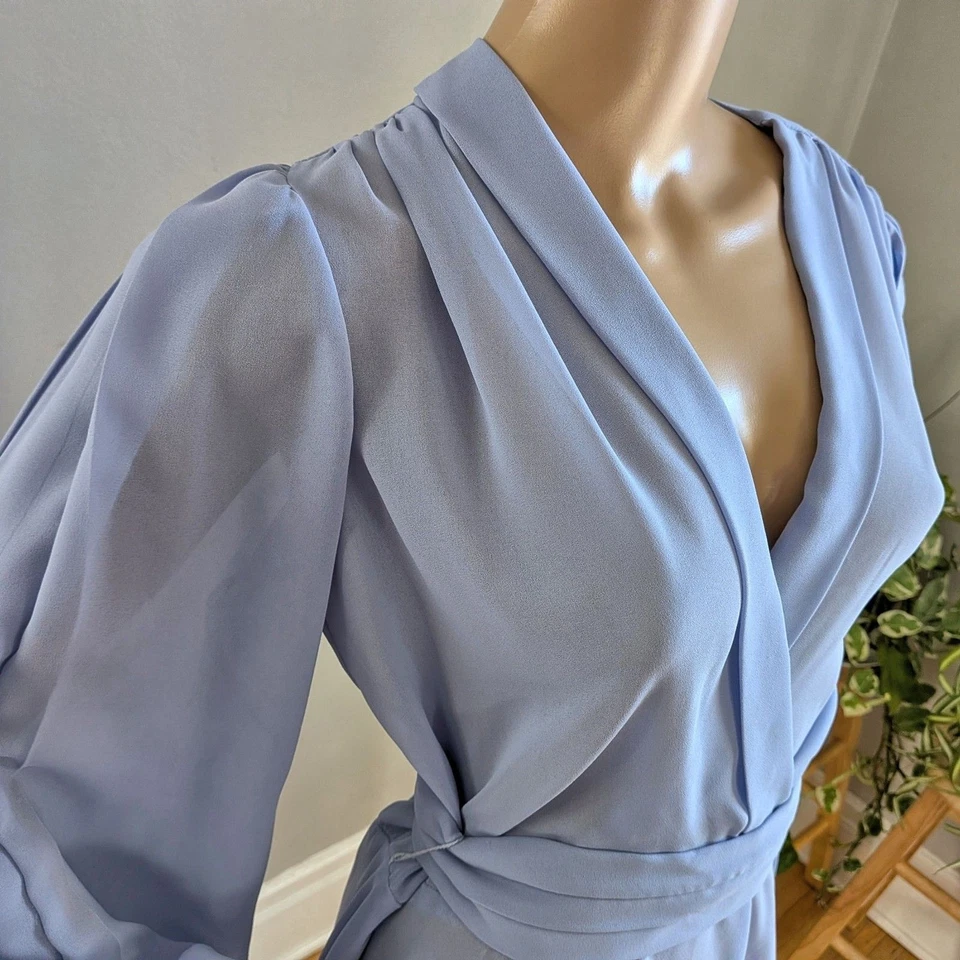 Vintage 1980s Ursula of Switzerland Midi Dress Periwinkle Gauzy Belted Size 7/8 - Image 4 of 4