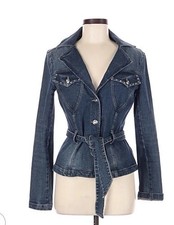 Cache belted denim jacket Y2K chic rhinestones tailored fit 6