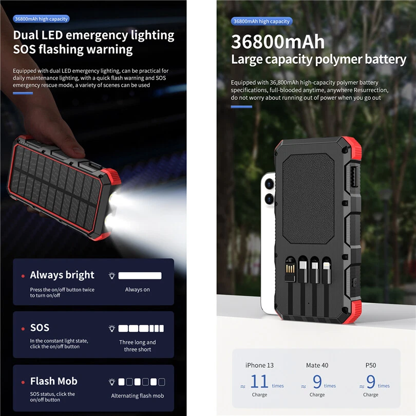 36800mAh Solar Panel Power Bank Portable Wireless Fast Charger USB For Cellphone - Image 4 of 4