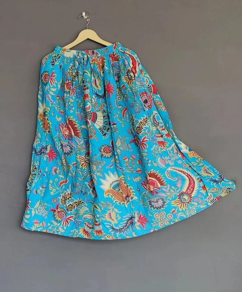 Indian Turquoise Floral Skirt Cotton Skirt, Long Skirt, Free Size Beach Wear AU
