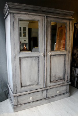 Upcycled Painted Solid Pine Mirrored Double Wardrobe French Grey