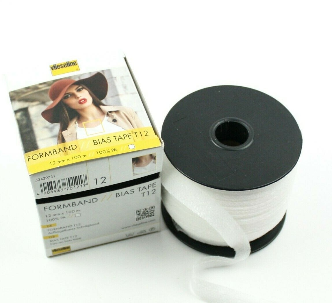 Iron on Bias Tape 3m x  12mm White Vieseline T12, Vilene Formband - cut to size