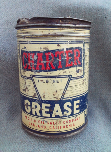 VINTAGE 1940s-50s CHARTER GREASE TIN 1 LB CAN PACIFIC OIL SALES CO. OAKLAND, CA. - Afbeelding 1 van 10