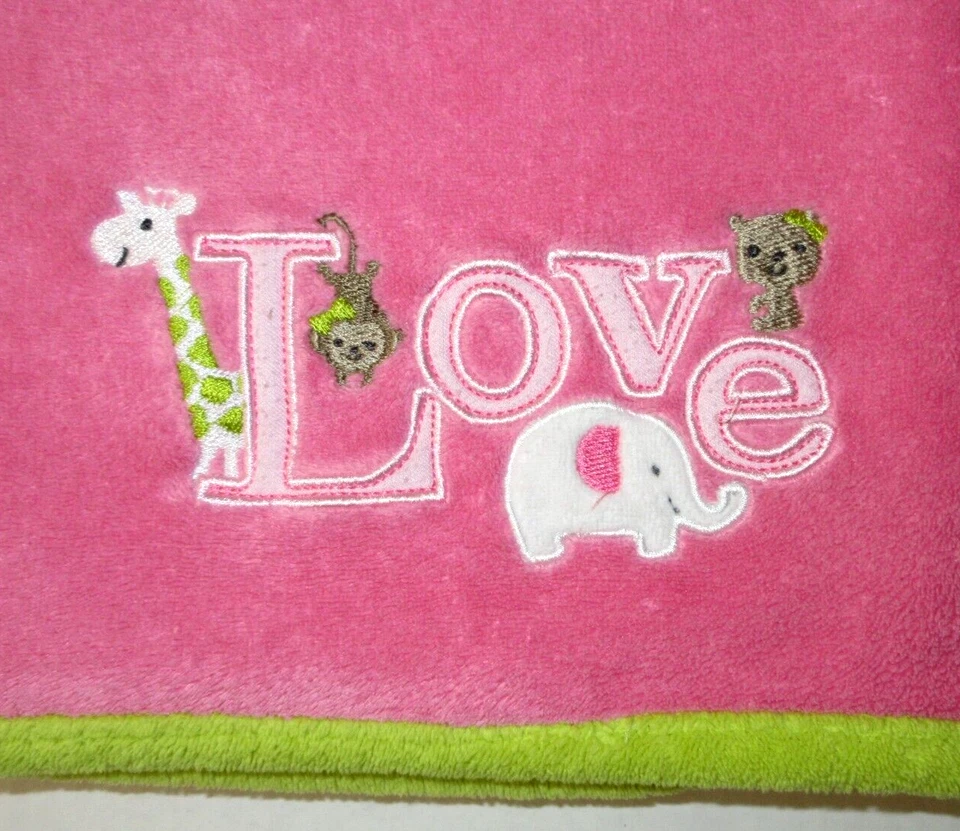 Manta bebé Just One You Love rosa verde ribete elefante jirafa mono felpa Foto 2 de 4