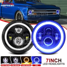 Pair 7" Round Led Headlights Hi/Lo Beam Blue Halo DRL For Chevy Truck Camaro C10