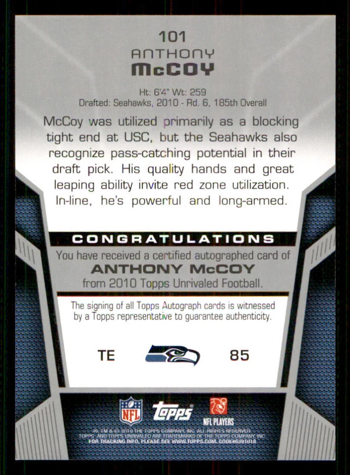 2010 Topps Unrivaled Rookie AUTO #101 Anthony McCoy /780 - Image 2 of 2