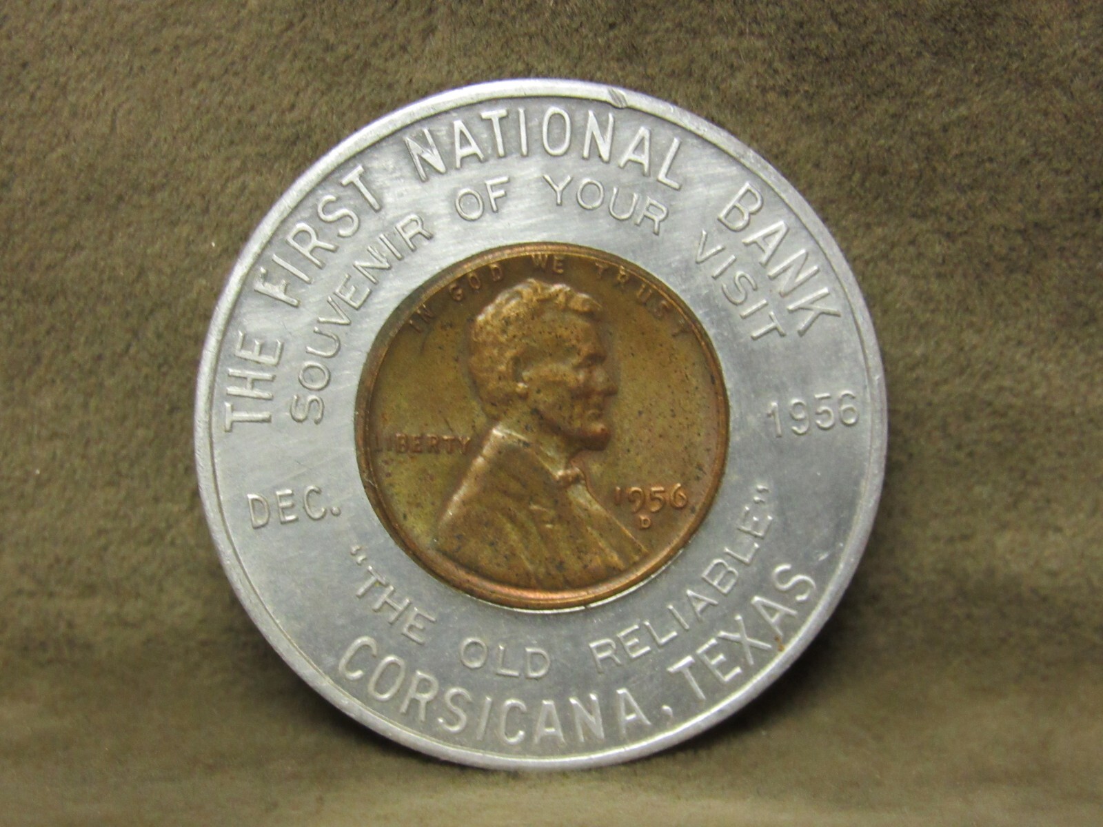 Dec 1956 Souvenir Token Coin First National Bank Corsicana Texas Aluminum Good