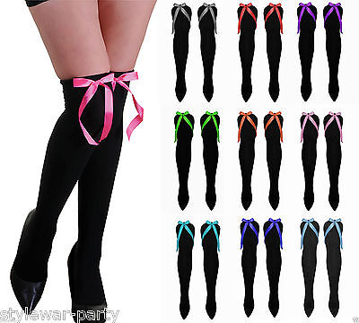 Ladies Girls Long Over The Knee Black/White Socks With Coloured Satin Bows 
