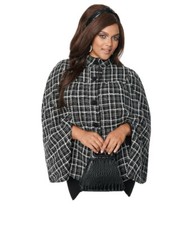 Smak Parlour Plus Size Black & White Plaid Tweed Buttoned Cape Coat - 4x/22-24