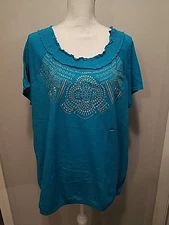 NWT Lane Bryant Peasant Style Top Solid Teal Blue Silv 18/20 With Banded Bottom 