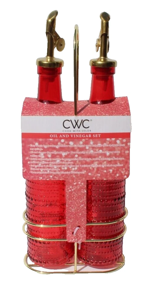 New Red / Gold Olive Oil & Vinegar Bubble Glass Dispenser Set
