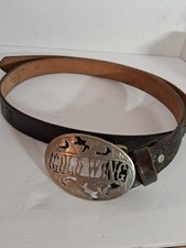 Engraved Silver Tone Gold Wing Biker Leather Belt Made In USA Size 48 Men's