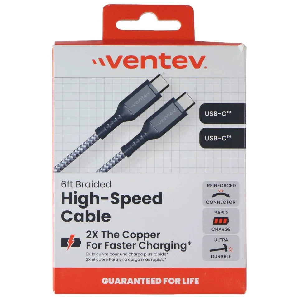 Cable trenzado de alta velocidad Ventev (6 pies) USB-C a USB-C - negro/gris Foto 3 de 4