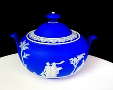 Wedgwood Antique Dark Blue Jasperware 6 3/4" Covered Sugar Bowl B Date Code 1873