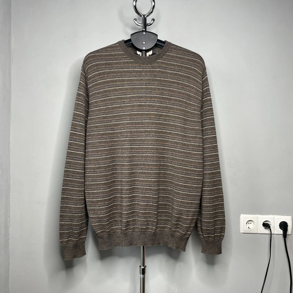 Pull col rond homme Ermenegildo Zegna marron rayé en laine mélangée -... - Photo 1/4