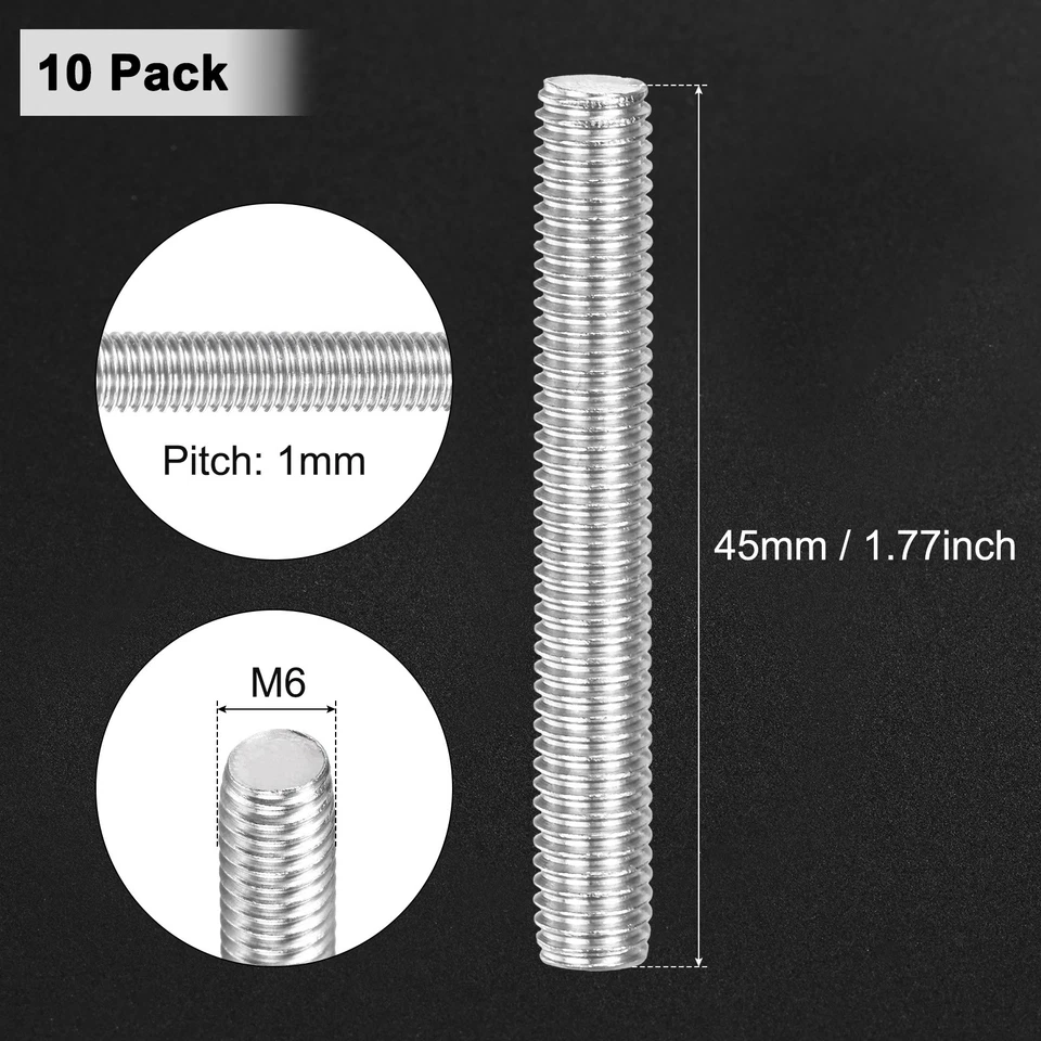 10-Pack Fully Threaded Rod, M6x45mm 304 Stainless Steel Right Hand Bar Studs Foto 3 de 4