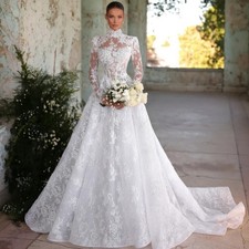 Modest High Collar A Line Full Lace Wedding Dresses Long Sleeve Bridal Gowns