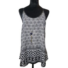 iZ Byer Women's L Boho Chiffon Tank Top Black and White Geometric Aztec-Style