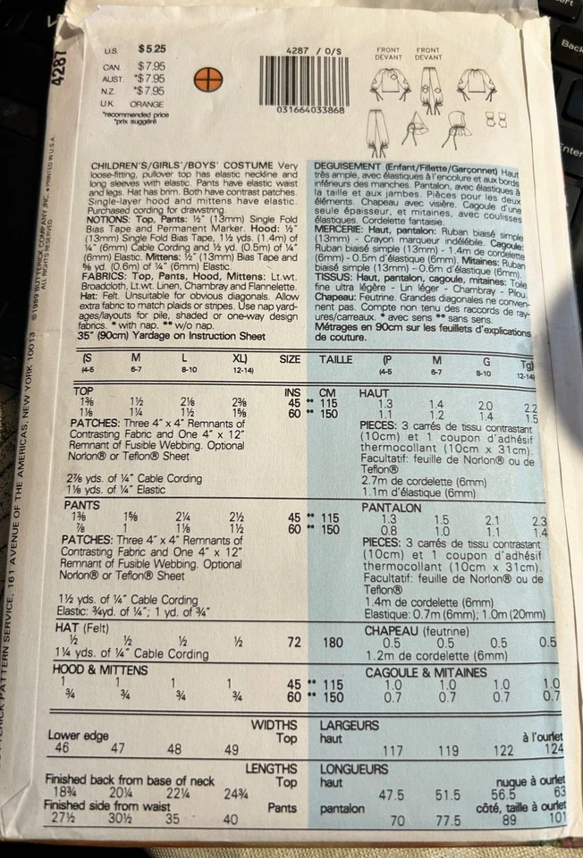 Scarecrow Halloween Costume Butterick Pattern 4287 Children's Sizes 2-14 - Image 3 of 3