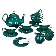 21-Piece Vintage Porcelain Tea Set, Dark Green China Coffee Service for 6