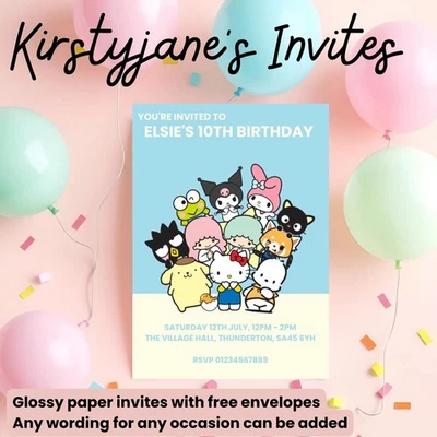 KIRSTYJANE'S INVITES Birthday party invitations invites Personalised Girls Kids Hello Kitty Kuromi