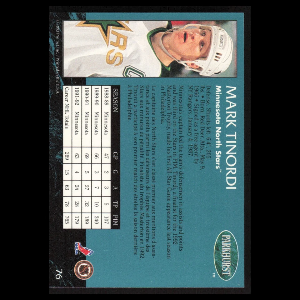 Mark Tinordi #76 1992 Parkhurst Minnesota North Stars Hockey Card NHL NM - Image 2 of 3