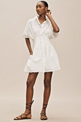 Anthropologie EXQUISE Tobie LINED Eyelet BUTTONED Mini Shirt Dress