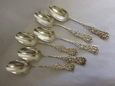 DOMINICK & HAFF ROCOCO 1888 SET 6 STERLING SILVER OVAL SOUP / DESSERT SPOONS 7"