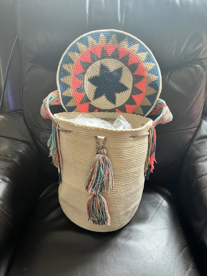 BLUE SALMON PINK Boho Wayuu handmade mochila hobo crossbody bag STARBURST multi - Image 2 of 4