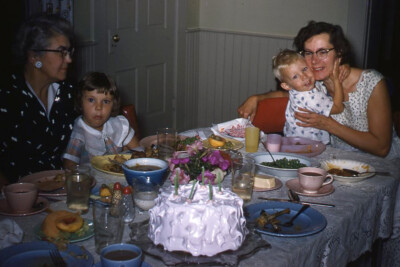 1950s Red Border Kodachrome Slide Girl's 6th Birthday Party Grandma Mother
