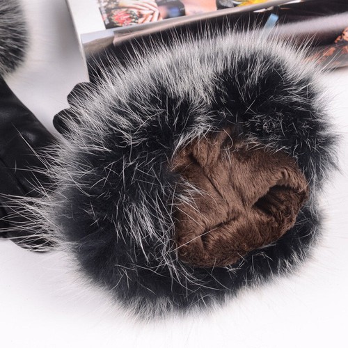 New Womens Real Fox Fur with Leather Winter Warm Touch Screen Lambskin Gloves - Picture 8 of 13
